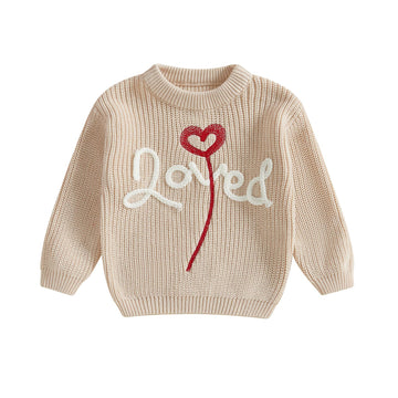 Visgogo Toddler Girl Boys Valentine'S Day Knit Sweater Long Sleeve O Neck Letter Heart Embroidery Pullover Knitwear (Beige, 12-1