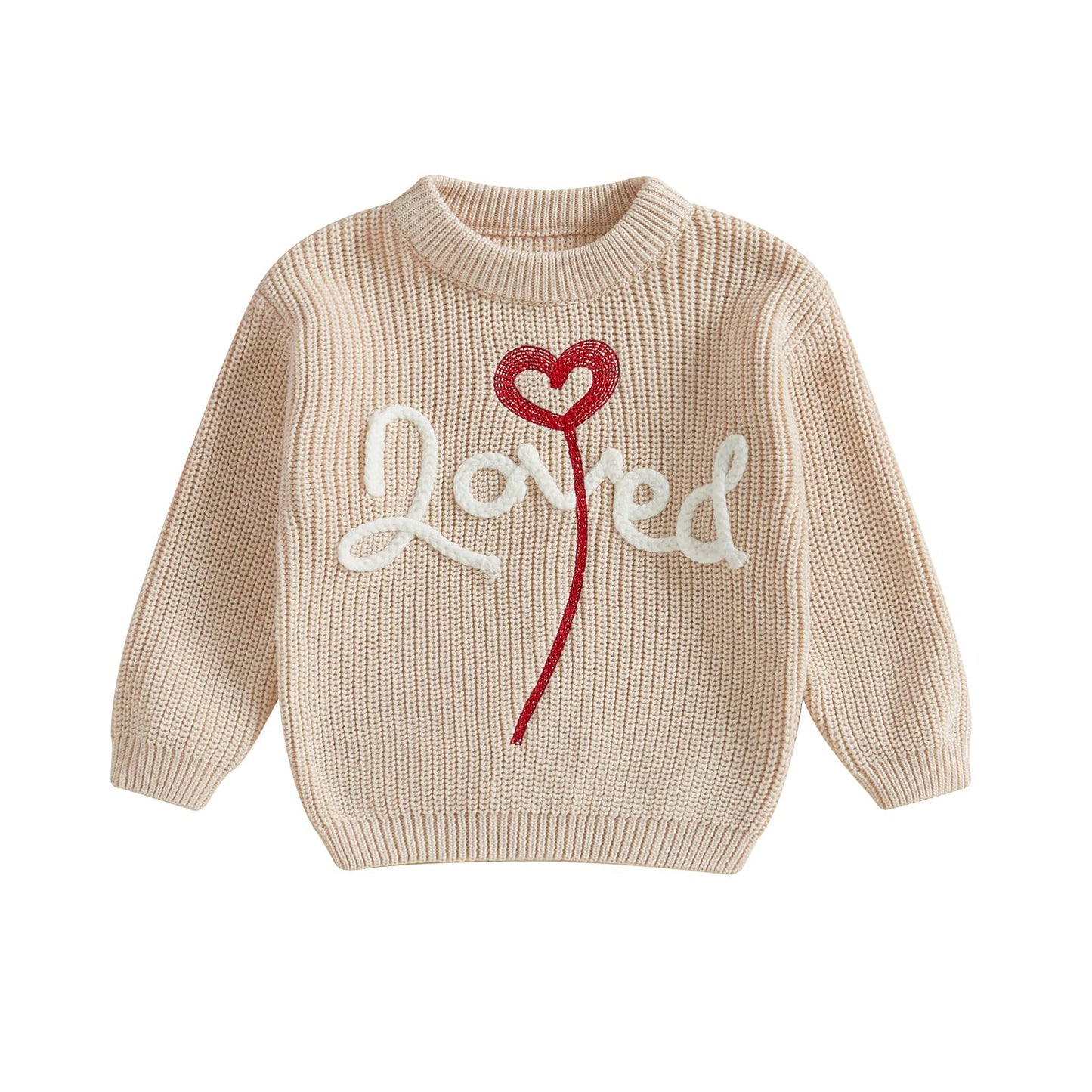 VISGOGO Toddler Girl Boys Valentines Day Knit Sweater Long Sleeve O Neck Letter Heart Embroidery Pullover Knitwear (Beige, 18-2