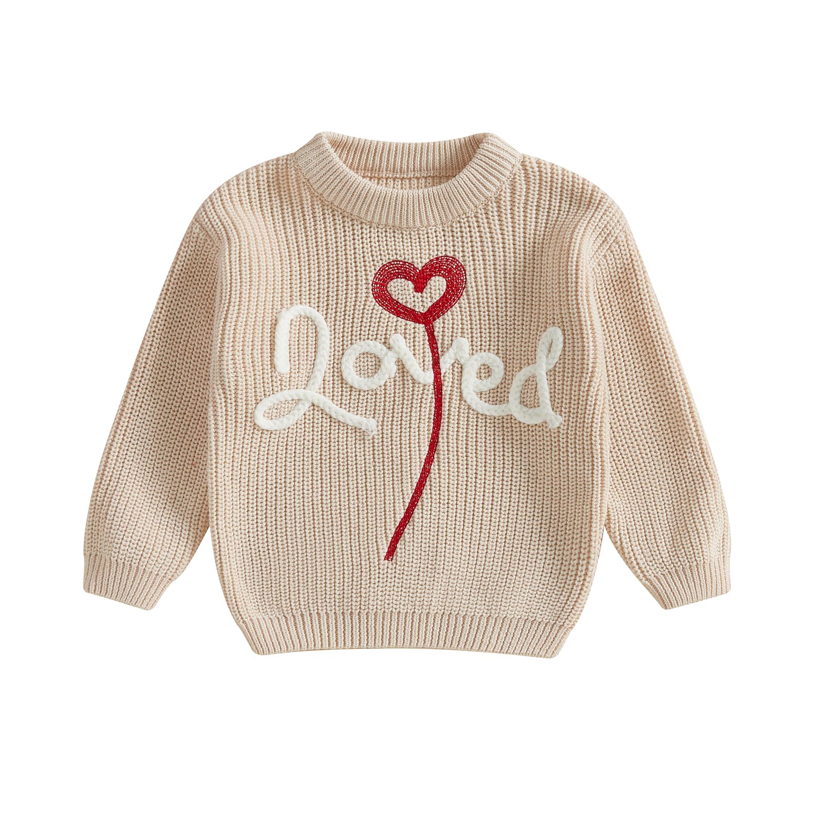 VISGOGO Toddler Girl Boys Valentines Day Knit Sweater Long Sleeve O Neck Letter Heart Embroidery Pullover Knitwear (Beige, 6-12
