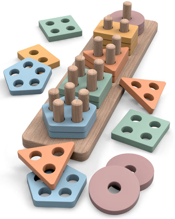 GOPO TOYS Montessori Toys for 18+ Months Old - Toddlers Wooden Sorting and Stacking Toys for Baby Boys and Girls - Shape Sorter 