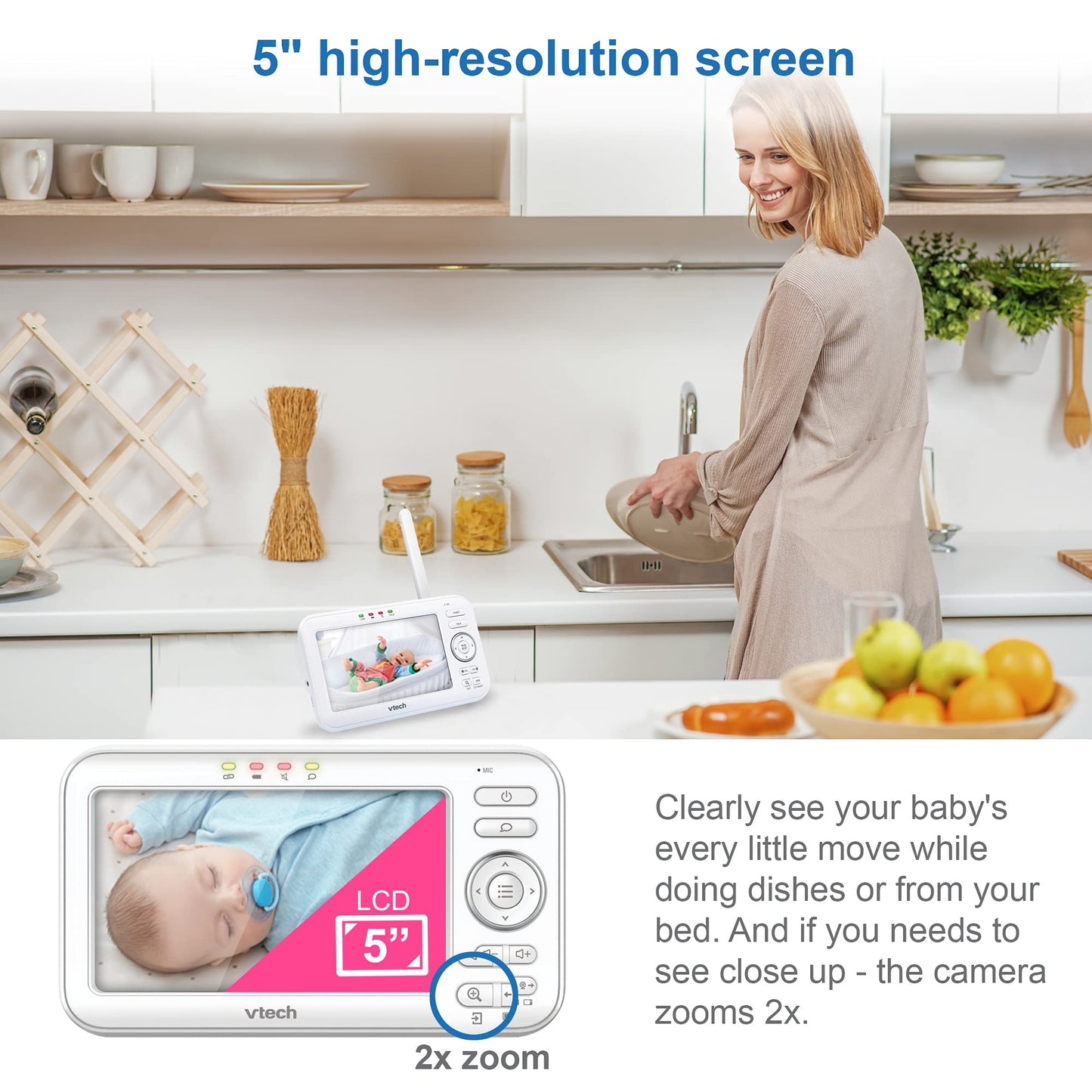 Vtech Vm5463-2 Baby Monitor 5' Screen With 2 Cameras, Pan-Tilt- Zoom, Night Light, Glow On The Ceiling Projector, Two-Way Talk,