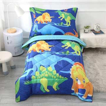 Wowelife Dinosaur Toddler Bedding Set For Boys, Premium 4 Piece Toddler Comforter Set Purple With Flat Sheet, Fitted Sheet, Comf
