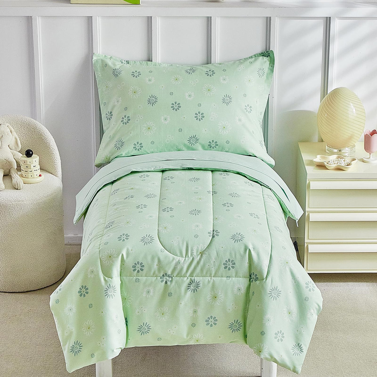 DuShow Cotton Toddler Bedding Set,4 Piece Toddler Bed Comforter Sets, Green Dandelion Pattern for Kids Boys and Girls,Includes Q
