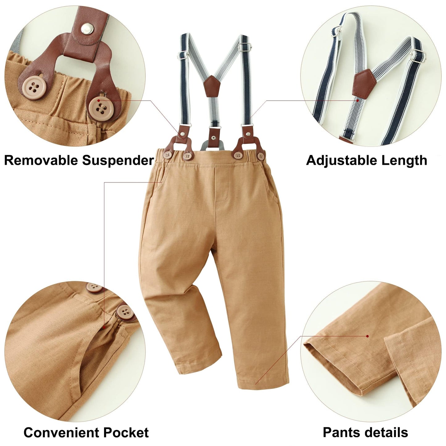 Disaur Toddler Boy Wedding Outfits Short Sleeve Apricot Brown Dress Shirt Bow Tie Suspender Pants Baptism Outfits For Boys 12 Mo