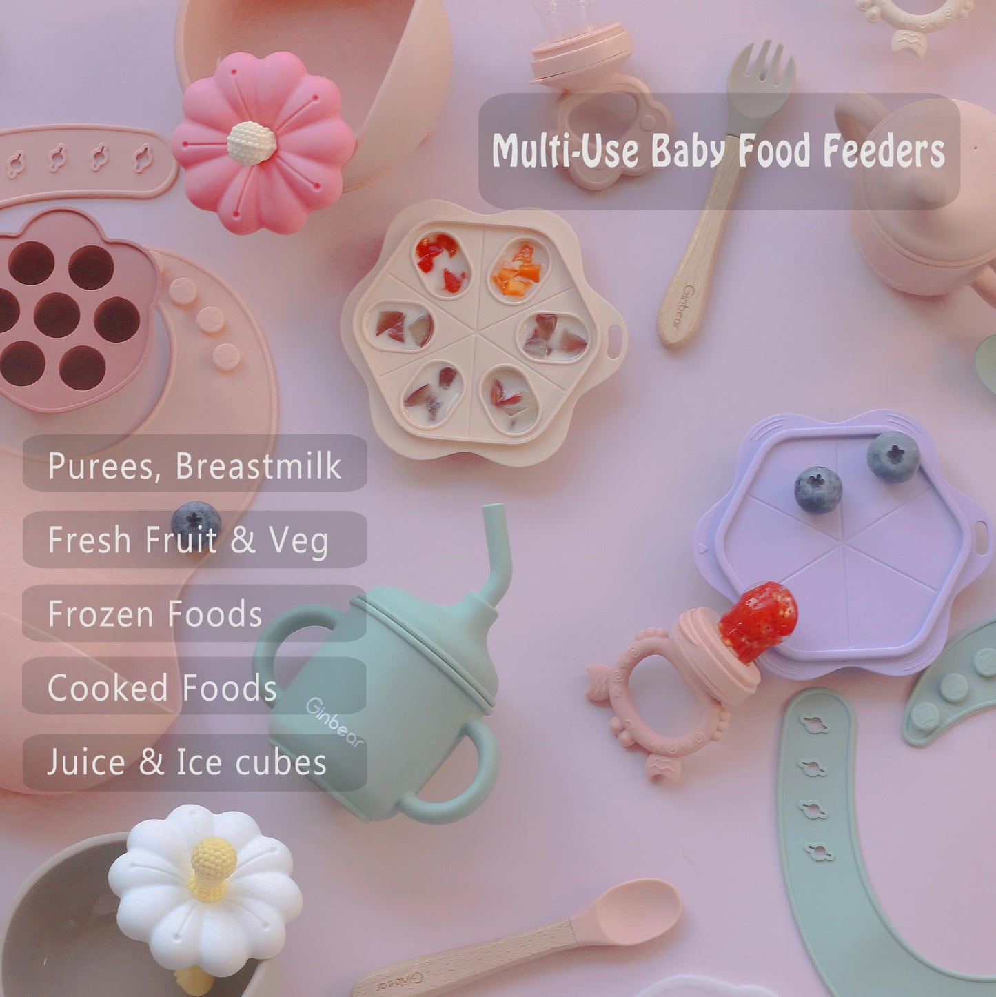 Ginbear Baby Fruit Food Feeder & Popsicle Molds Combo (Set Of 2), Silicone Teething Feeders With Freezer Tray For Infants 4 Mont