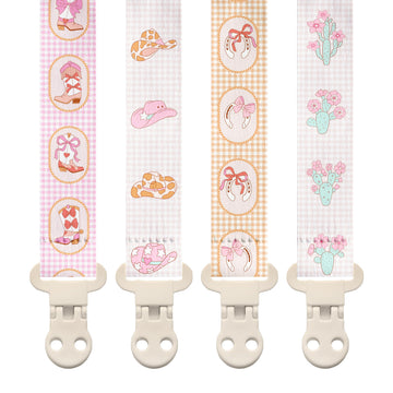 Stadela Baby Fabric Pacifier Clip Holder, Plastic Clip, 4-Pack, Western Pattern, Jolene Set