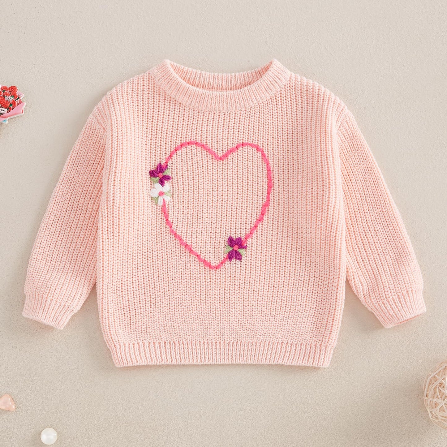 Nokpsedcb Baby Girl Cute Long Sleeve Heart Flowers Embroidery Oversized Sweater Toddler Valentine Outfit (Light Pink, 12-18 Mont