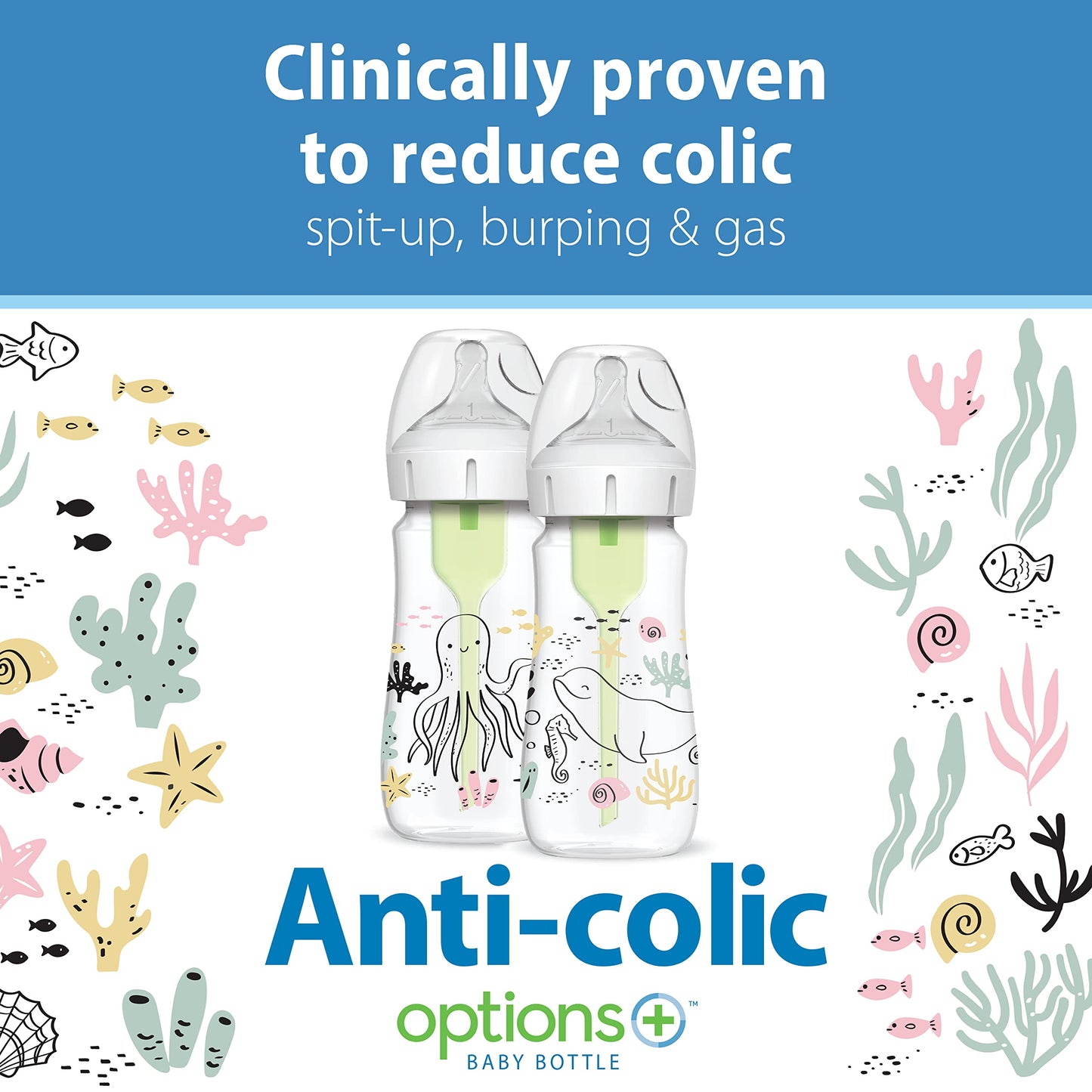 Dr Brownas Natural Flowa Anti-Colic Options+A Wide-Neck Baby Bottle Designer Edition Bottles, Ocean Decos, 9 Oz270 Ml, Level 1 N
