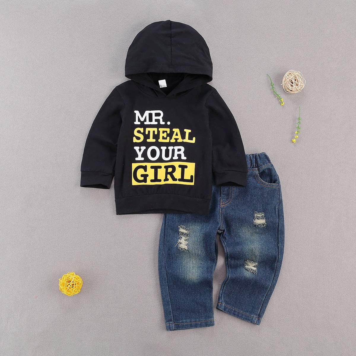 Fhutpw Toddler Baby Boy Outfits Hoodie Sweatshirts & Jeans Clothes Set Fall Winter 6 9 12 18 24 Months (B-Black, 6-12 Months)