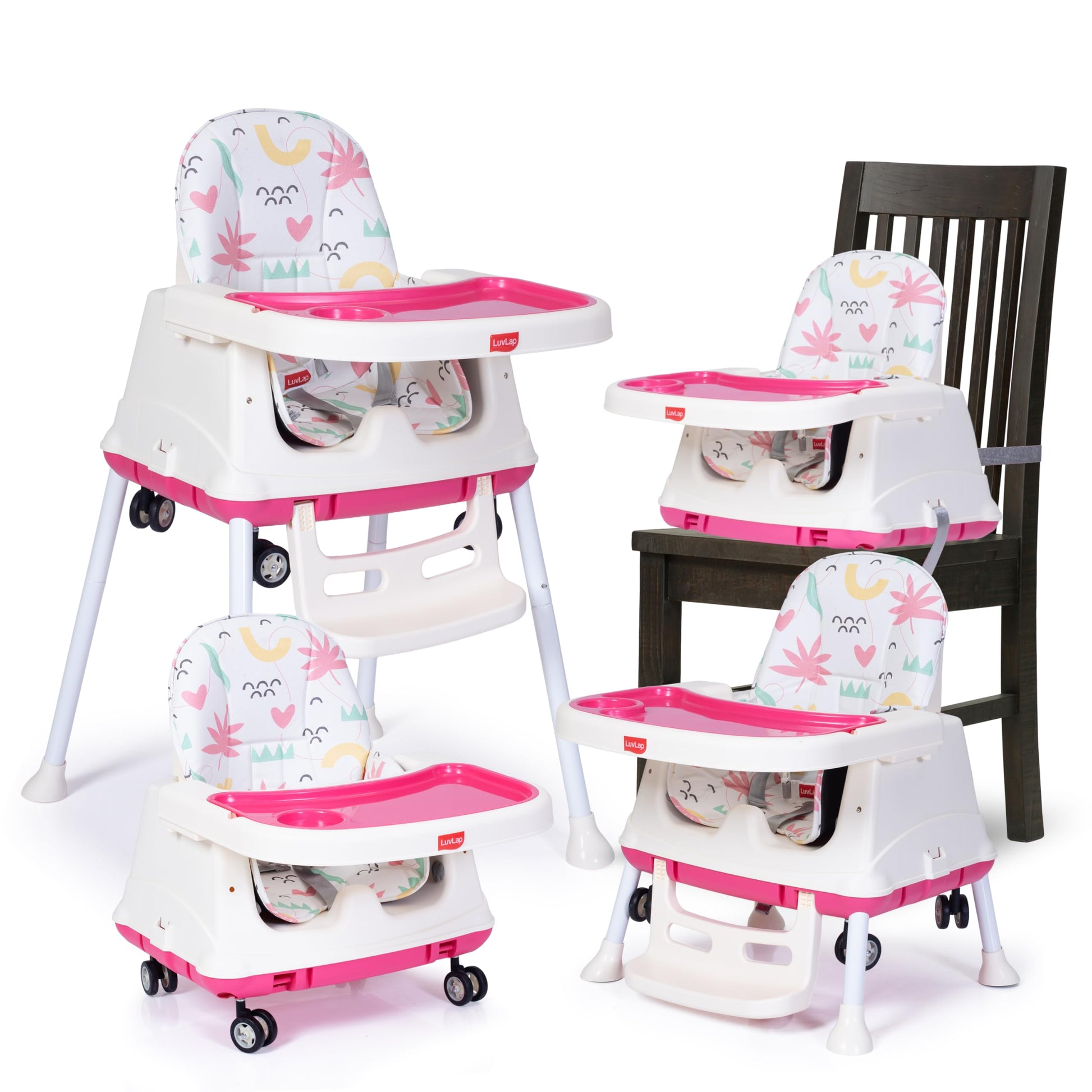 Luvlap 3In1 High Chair For Baby/Kids, Toddler Feeding Booster Seat With Wheels, Pvc Cloth, 3 Height Adjustments, With Cushion, 6