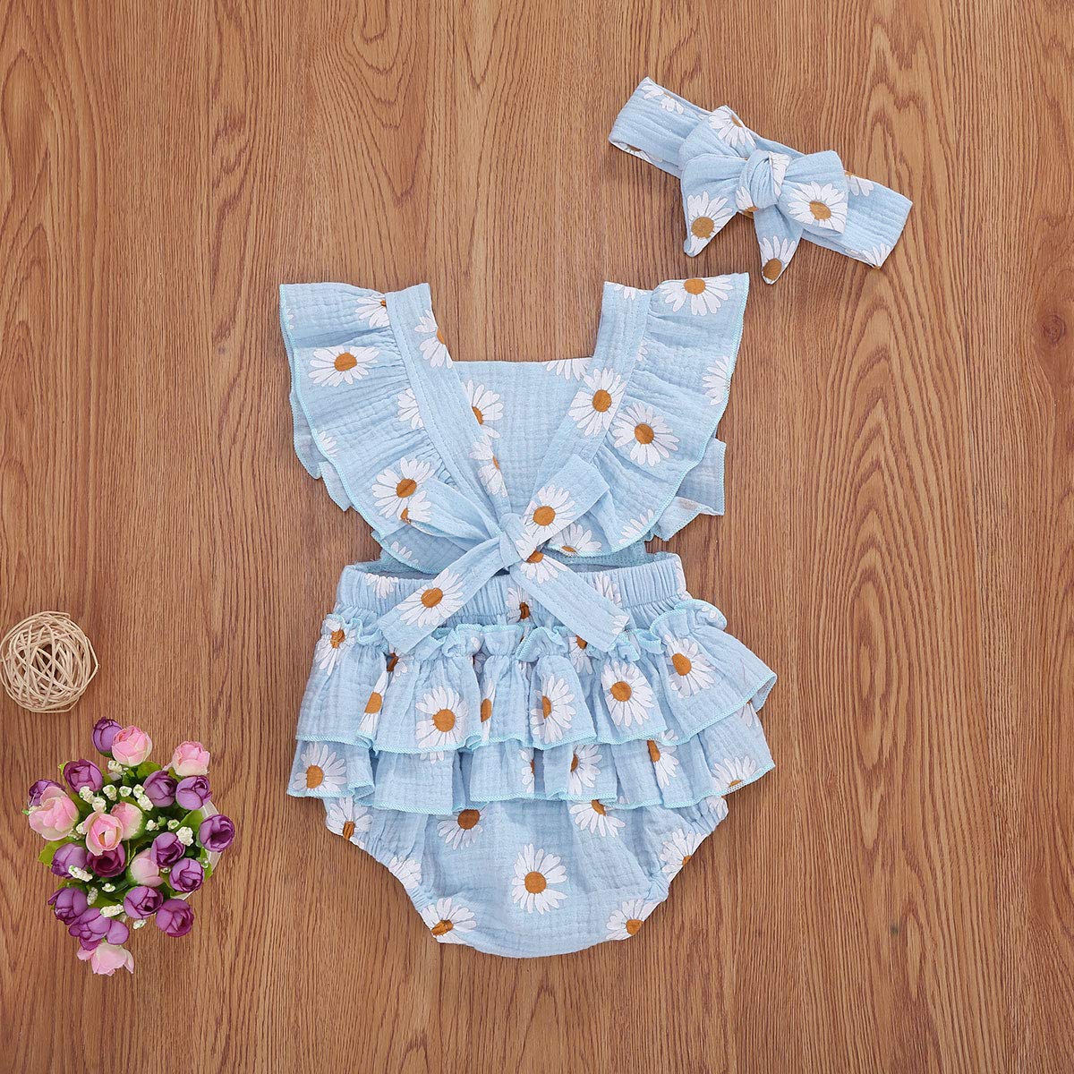 Ma&Baby Baby Girls Sleeveless Cotton Floral Square Neck Leotard Romper 12-18 Months Blue