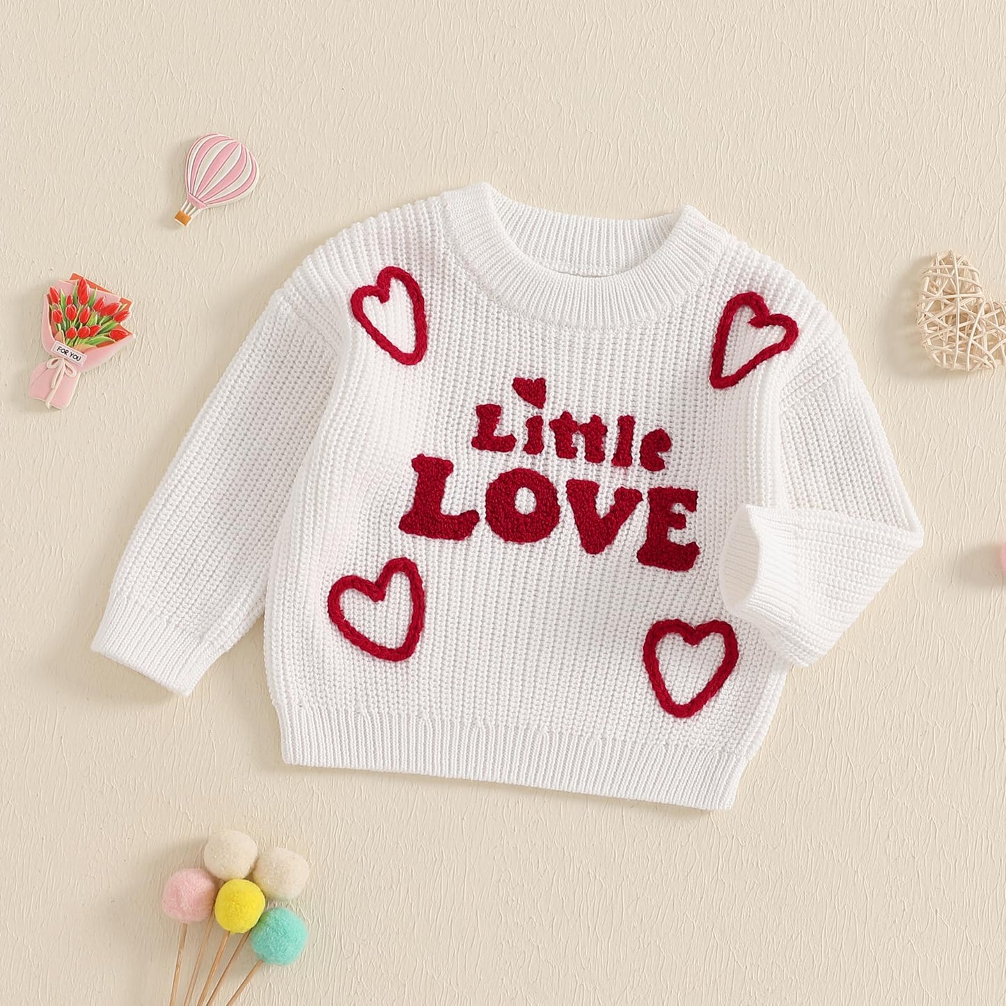 Toddler Baby Girl Valentines Day Outfit Little Love Heart Knit Sweater Long Sleeve Crewneck Pullover Fall Cute Top (White Little