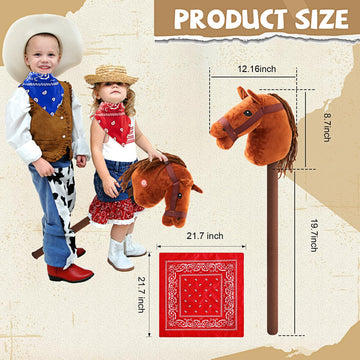 Poen 8 Pcs Light Brown Horse Stick with Sound Red and Blue Bandana Set 27.6 Toys Stick Horse Western Cowboy Bandana Horse Head
