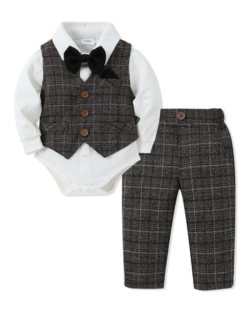 Disaur Baby Boy Formal Outfits Long Sleeve Infant White Shirt Gray Plaid Vest Pants Bow Tie Baby First Halloween Outfit Boy 18 2