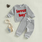 Nibbcoa Toddler Baby Boy Valentines Day Outfit Love Embroidery Waffle Knit Sweatshirt Pants Set Cute Spring Fall Clothes (Gray,
