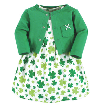 Hudson Baby Baby Girls Hudson Infant Girl Cotton And Cardigan Set, Shamrocks, 3-6 Months Casual Dress, Shamrocks, Months Us