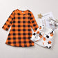 Fioukiay Toddler Girls'-Halloween-Outfit-Clothes-Dresses Set 2Pcs Long Sleeve Plaid Pumpkin Dress With Vest Coat (Orange, 2-3T)