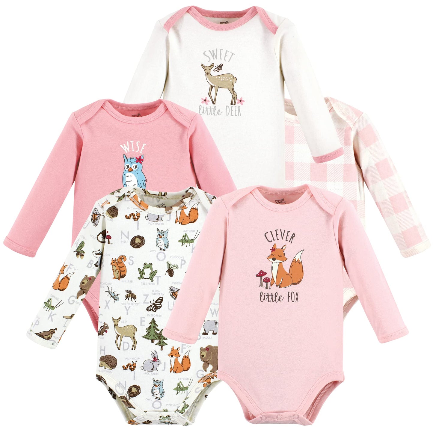 Touched By Nature Unisex Baby Organic Cotton Long-Sleeve Bodysuits, Girl Woodland Alphabet, 0-3 Months