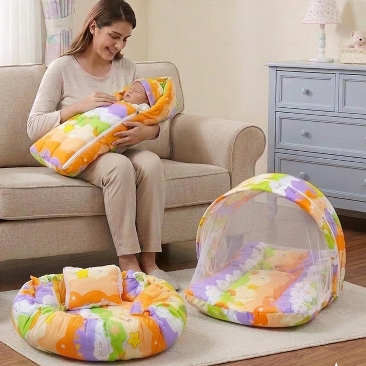 Infantbond Baby Sleeping Essential Reversible Nest | Mattress With Net | Carry Bag(06 Months) (New Star Nest Set Orange)