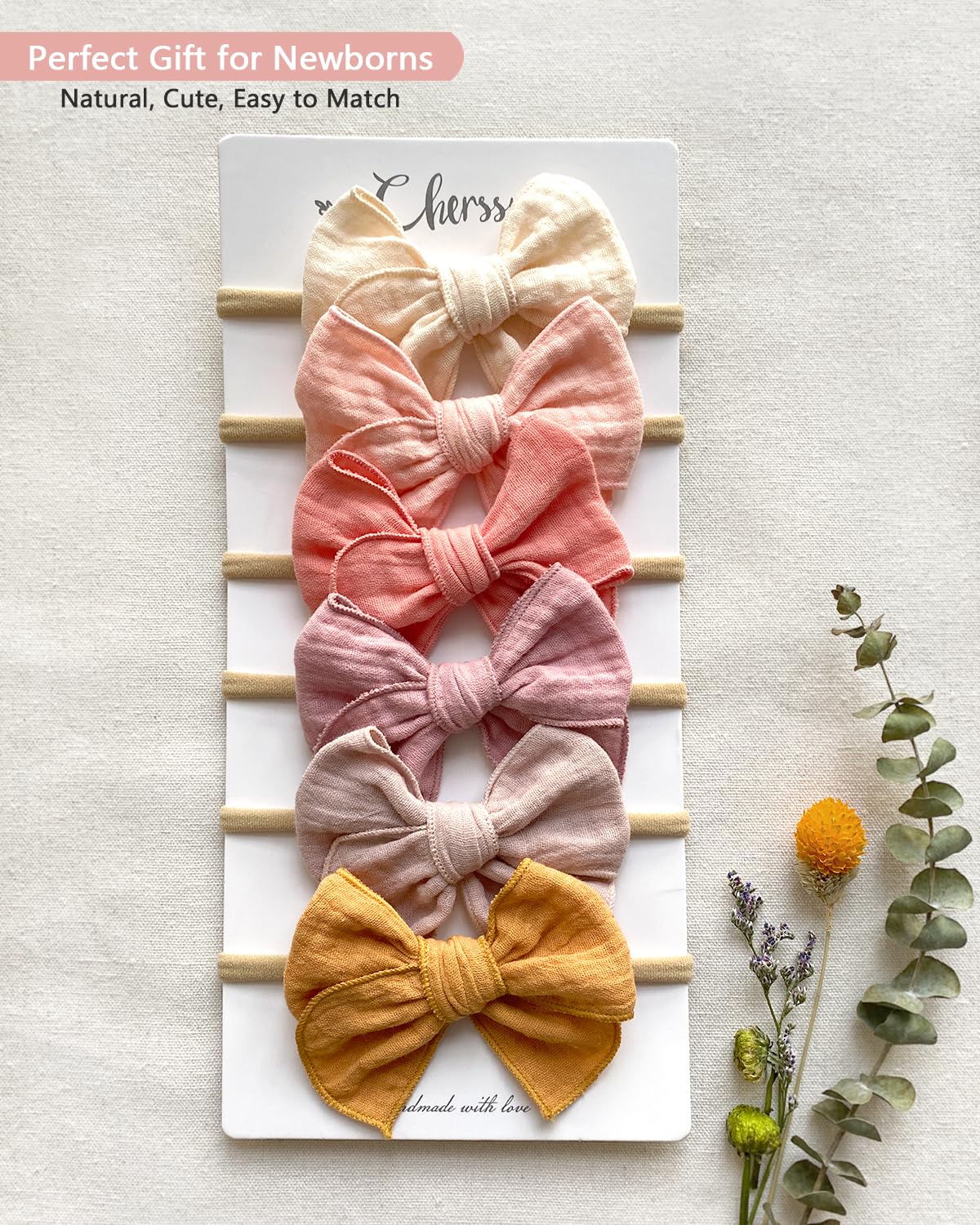 Cherssy Baby Girl Muslin Headbands, 3.5' Cotton Hair Bows Nylon Hairbands For Newborns, Infants, Toddlers - 6Pcs