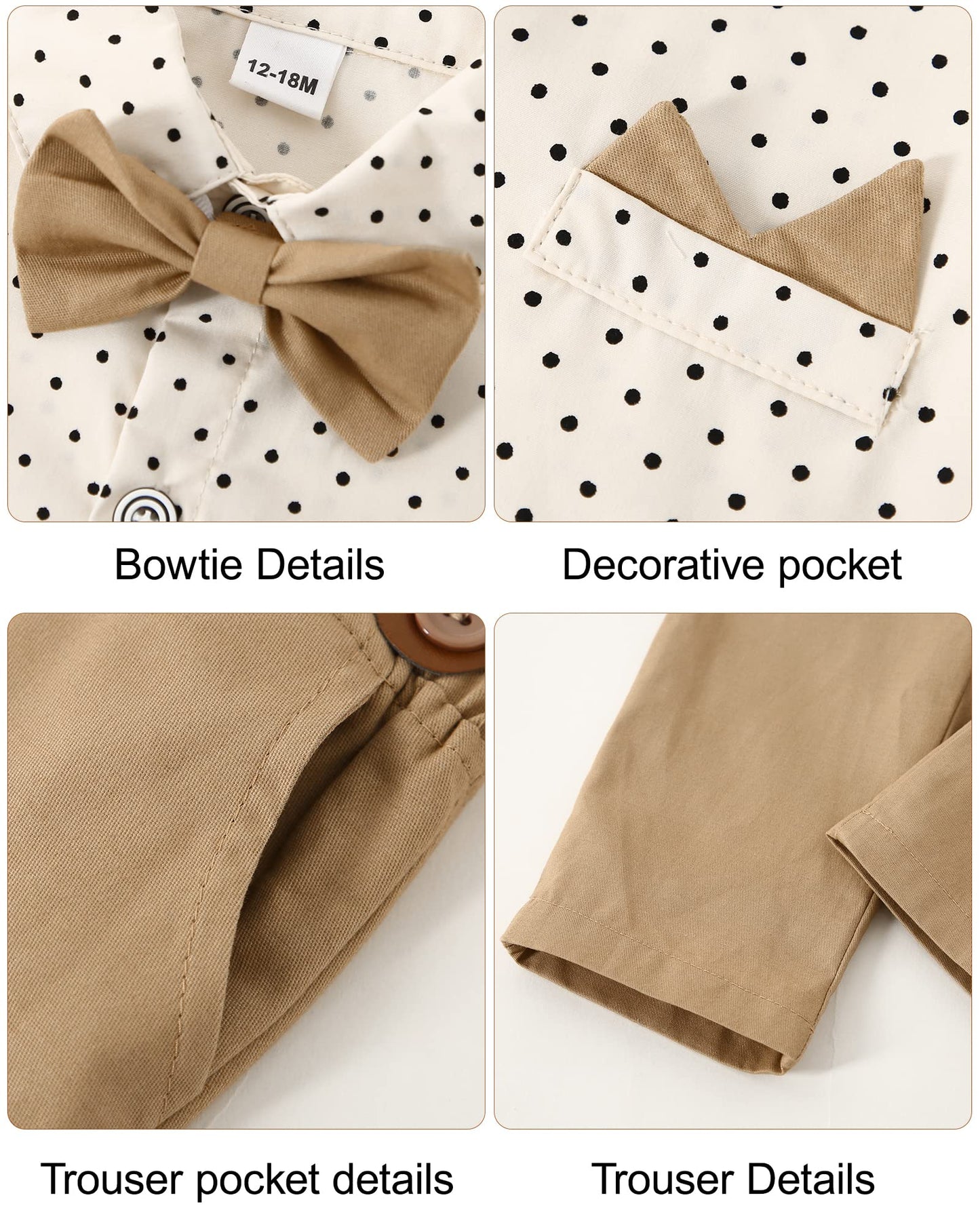 Yallet Toddler Baby Boy Clothes Suit Gentleman Outfits Formal Dress Shirt + Bowtie + Suspender Pants Wedding Party(L Beige, 18-2