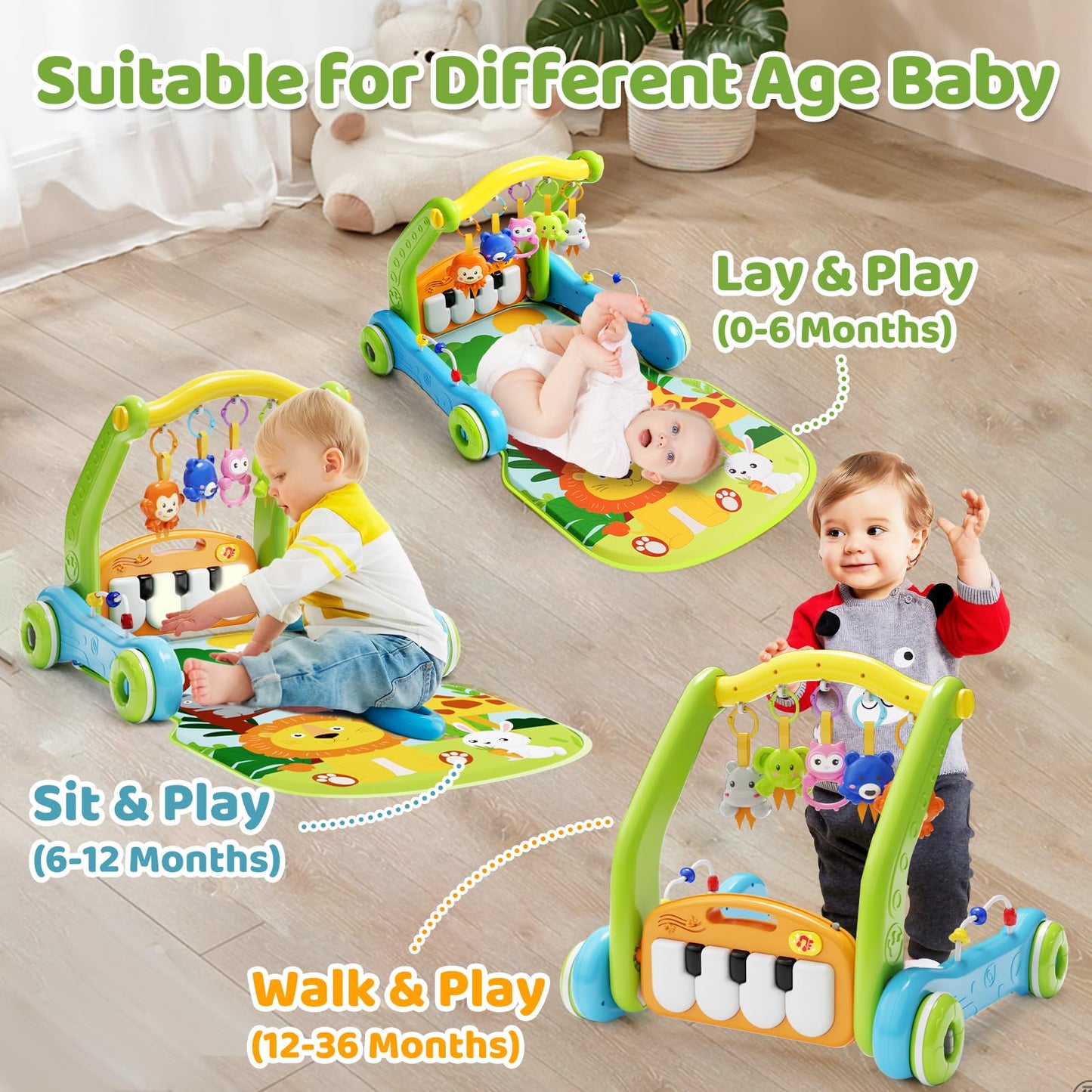 Baby Gym Play Mat With Walker, 2 In 1 Kick And Play Piano Activity Center With Light & Music, Tummy Time Mat & Baby Push Toys Fo