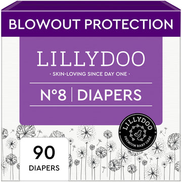 LILLYDOO Baby Diapers - Size 8 (37+ lbs), Monthly Supply (90 Count), Leak Protection, Skin-Friendly, Ultrasoft, Perfume- & Chlor