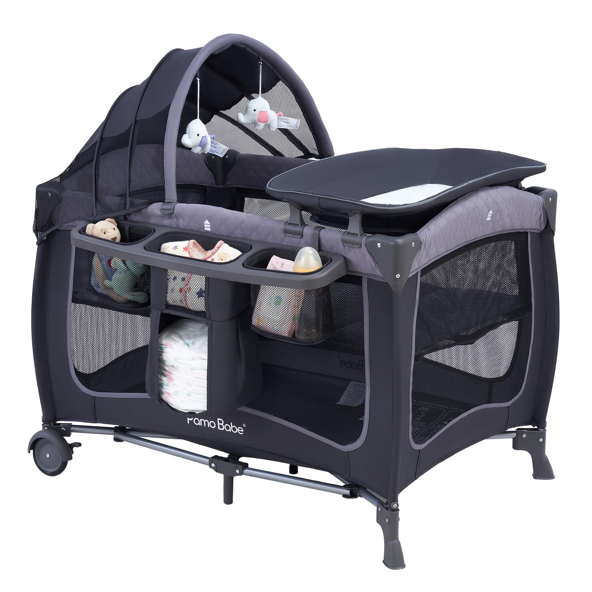 Pamo Babe Baby Playard with Canopy, Portable Crib with Changing Table