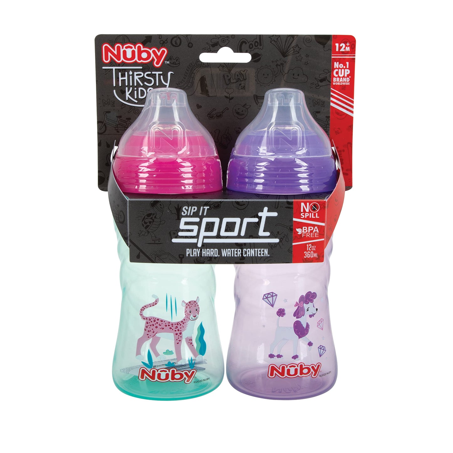 Nuby 2 Pack No Spill Printed Thirsty Kids No-Spill Sip-it Sport Cup with Soft Spout and Lid - 12oz, 12+ Months,2 Count(Pack of 1