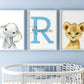 Personalized Safari Animals For Boy Girl Nursery, Set Of 3 Unframed Bedroom Poster Prints, Personalized Name Blue Green Yellow,