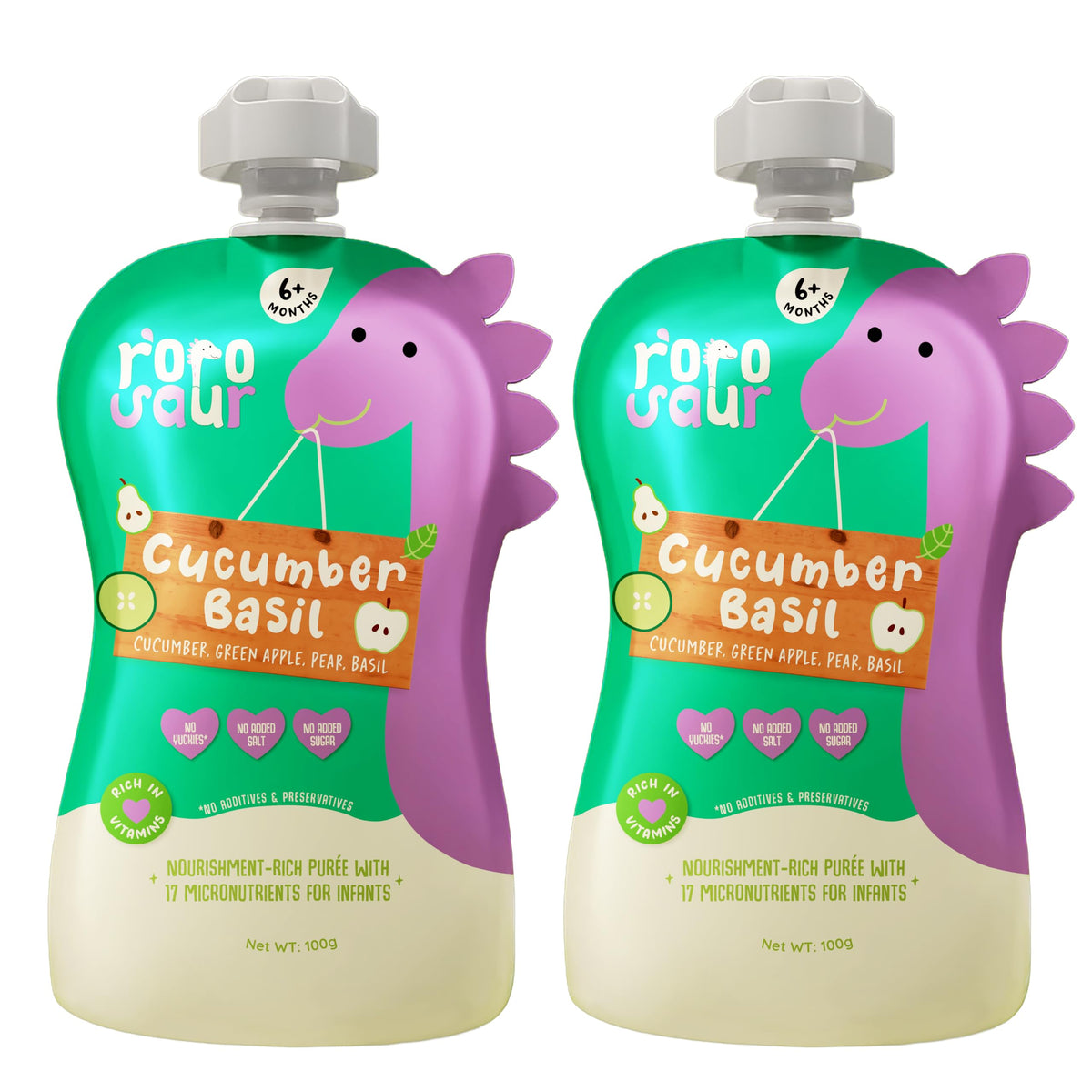 Rorosaur Ready To Eat Fruit & Veggie Baby Food Puree Pouch 100G Each, Pk Of 2|Puree With Green Apple, Cucumber & Pear For 6+ Mon