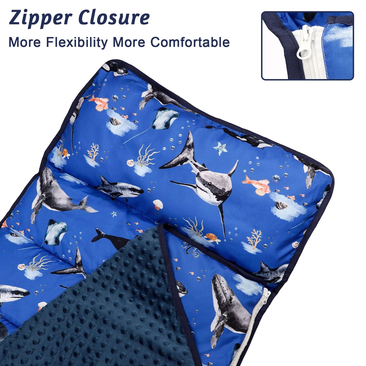 Toddler Nap Mat With Removable Pillow And Soft Dot Minky Blanket, Pea Pod Kids Shark Napping Mats Extra Large Rolled Slumber Bag