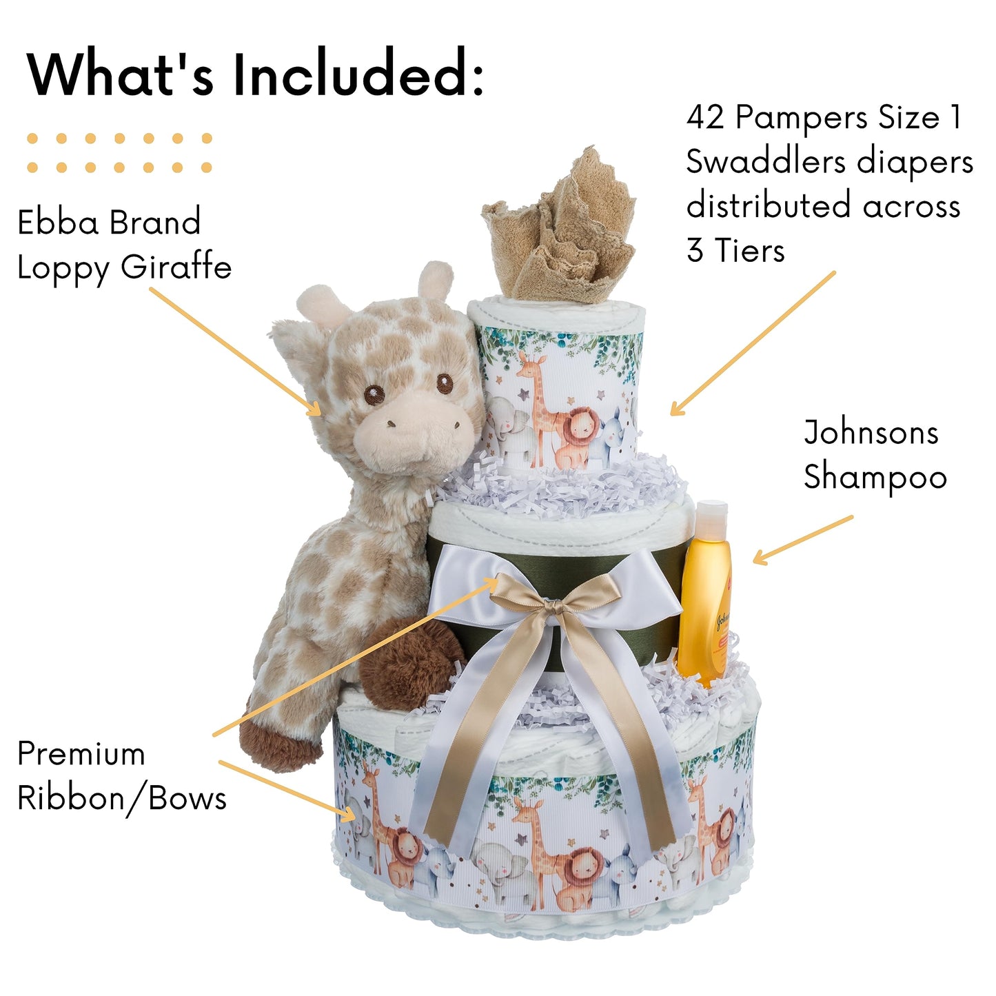 Lil' Baby Cakes Safari Diaper Cake - Beautiful Safari-Themed Baby Gift Using Size 1 Swaddler Diapers - Perfect For Baby Showers