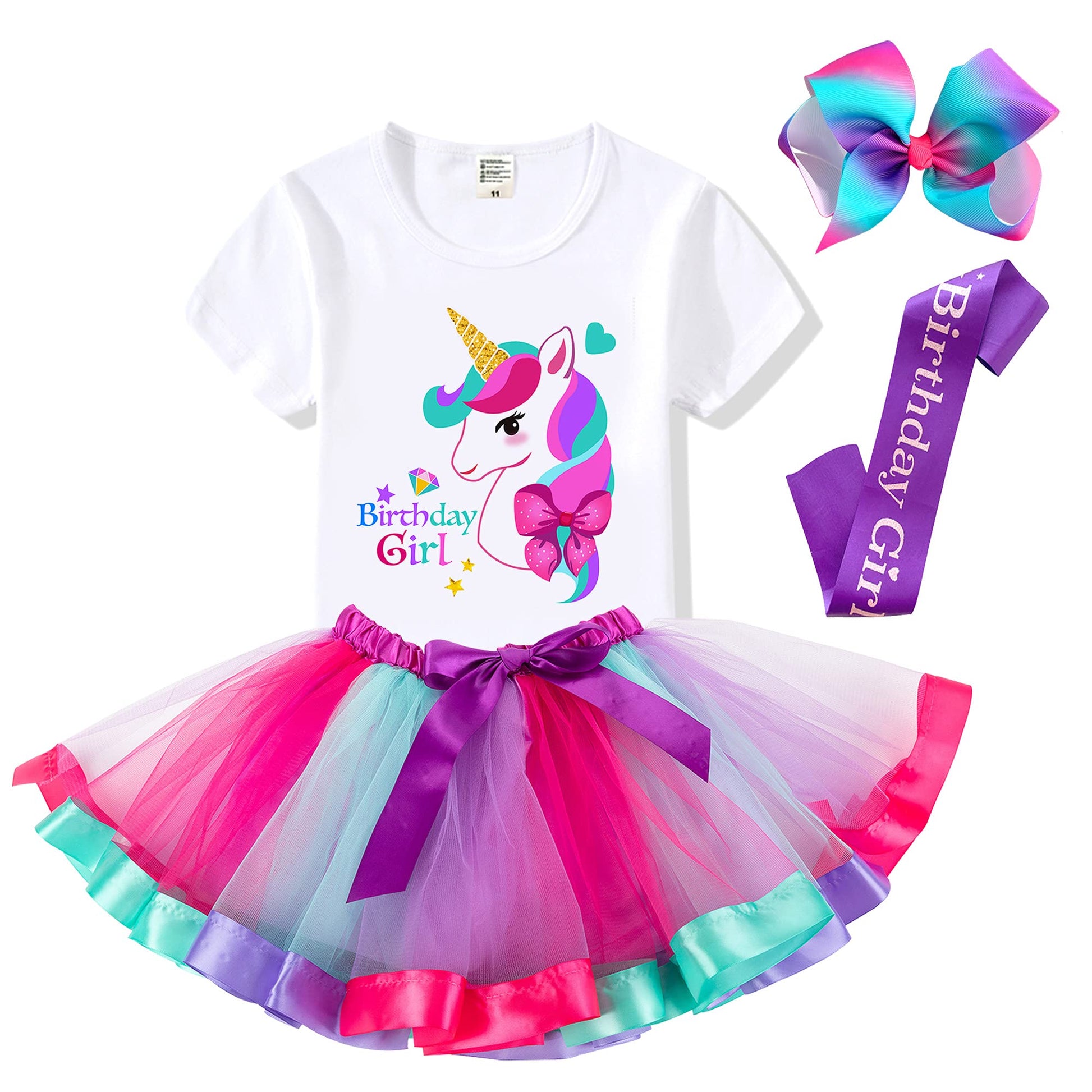 Birthday Girls Costume - Headband, Shirt, Tutu Skirt Dress, Satin Sash - Unicorn Gifts For Girls (Birthday Girl 7, 8 Years)
