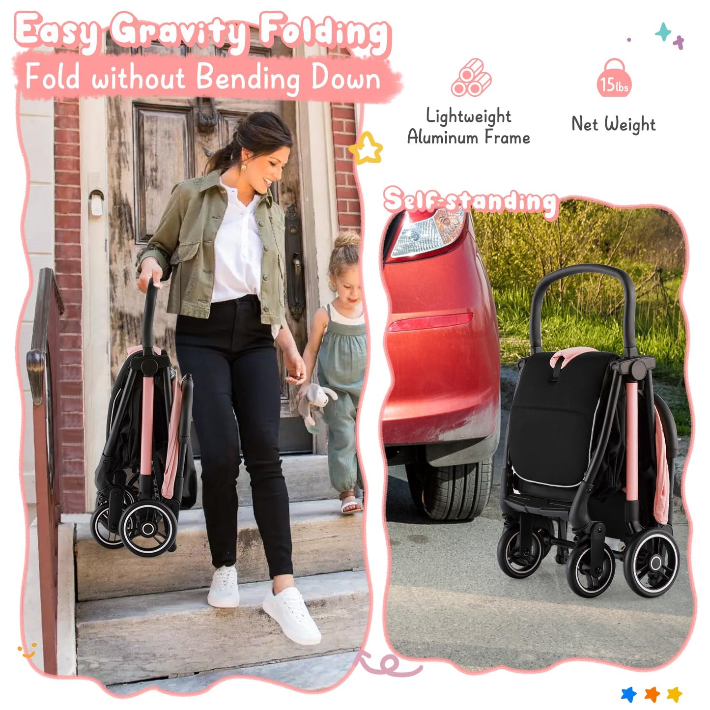 Honey Joy Lightweight Baby Stroller, Compact Travel Stroller For Airplane, Fits Airplane Cabin & Overhead, One-Hand Gravity Fold