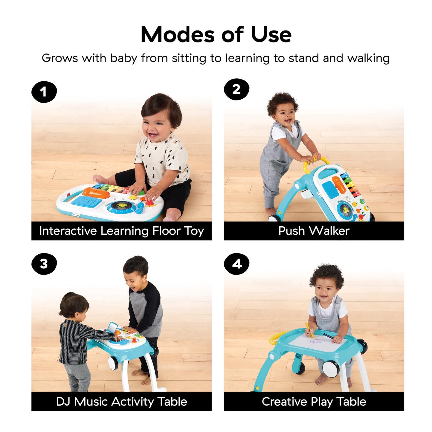 Baby Einstein Musical Mix N Roll 4-in-1 Push Walker, Activity Center, Toddler Table & Floor Toy, 100+ Songs & Phrases, DJ Statio