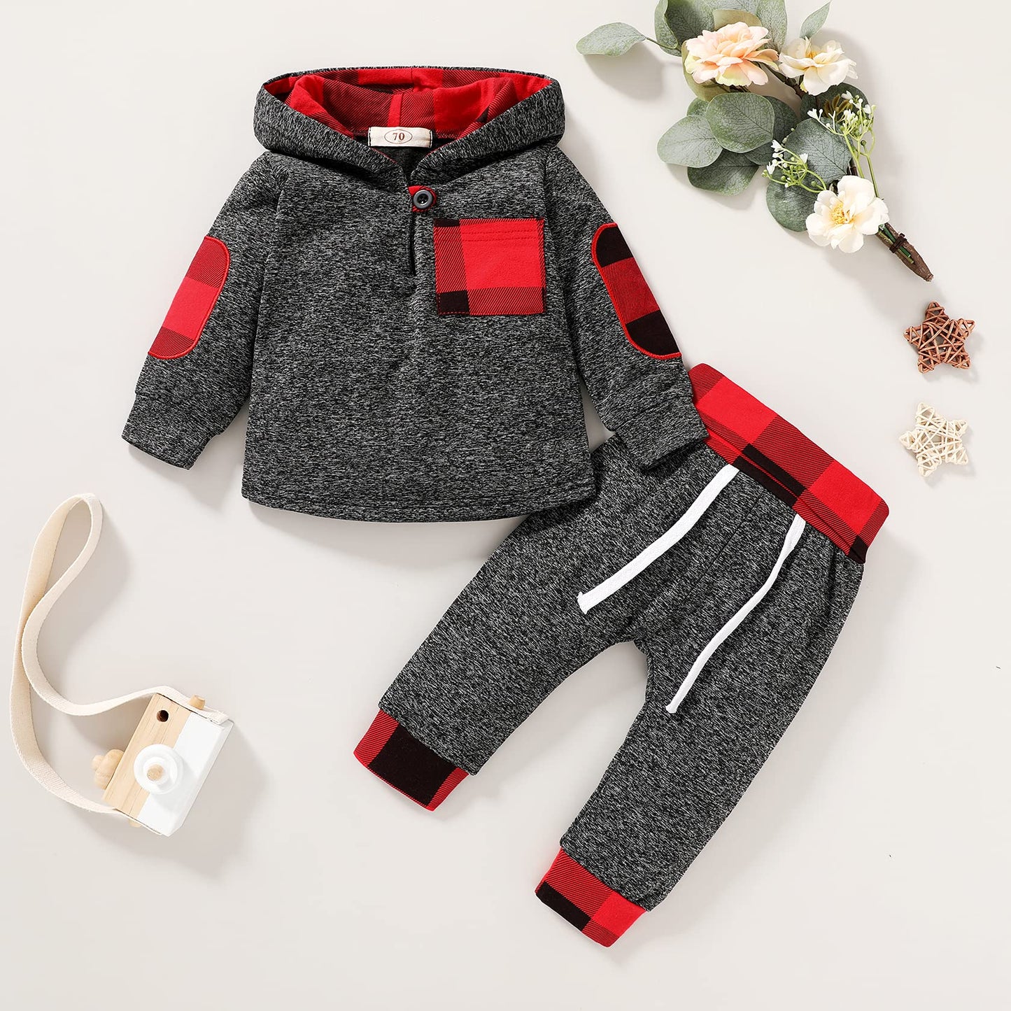 Konight Kids Toddler Infant Baby Boys Girls Winter Outfit Christmas Plaid Hoodie Sweatshirt Jackets Shirt+Pants Xmas Clothes