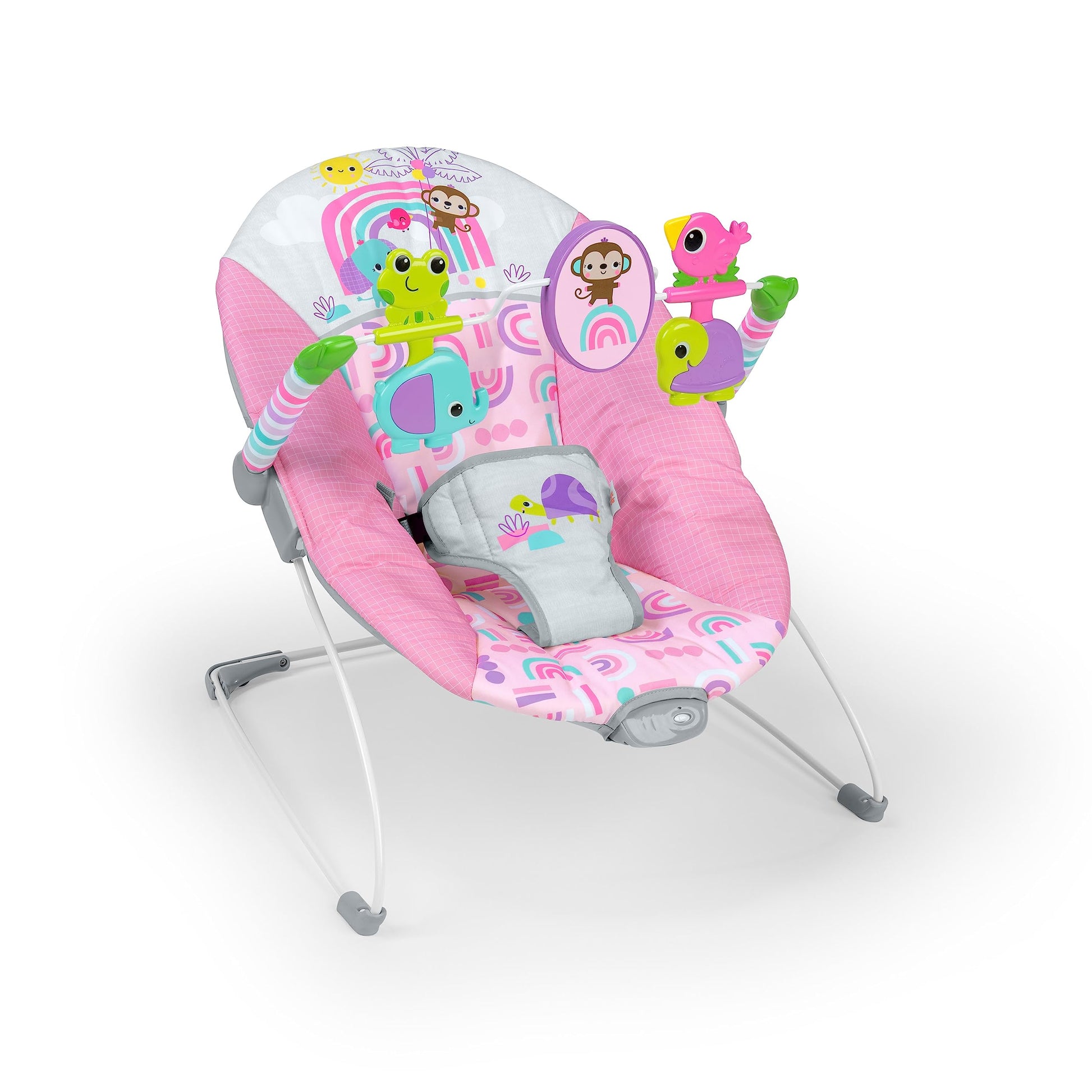 Bright Starts Pink Paradise Portable Baby Bouncer With Vibrating Infant Seat And -Toy Bar, Max Weight 20 Lbs., Age 0-6 Months