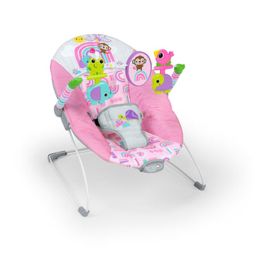 Bright Starts Pink Paradise Portable Baby Bouncer With Vibrating Infant Seat And -Toy Bar, Max Weight 20 Lbs., Age 0-6 Months