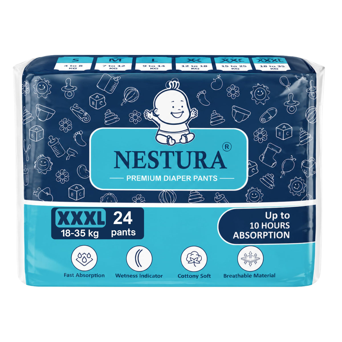 Nestura Baby Diapers Pants 3Xl (Xxxl) Size (1835 Kg), 24 Diapers | Pack Of 1 | Up To 10 Hrs Protection