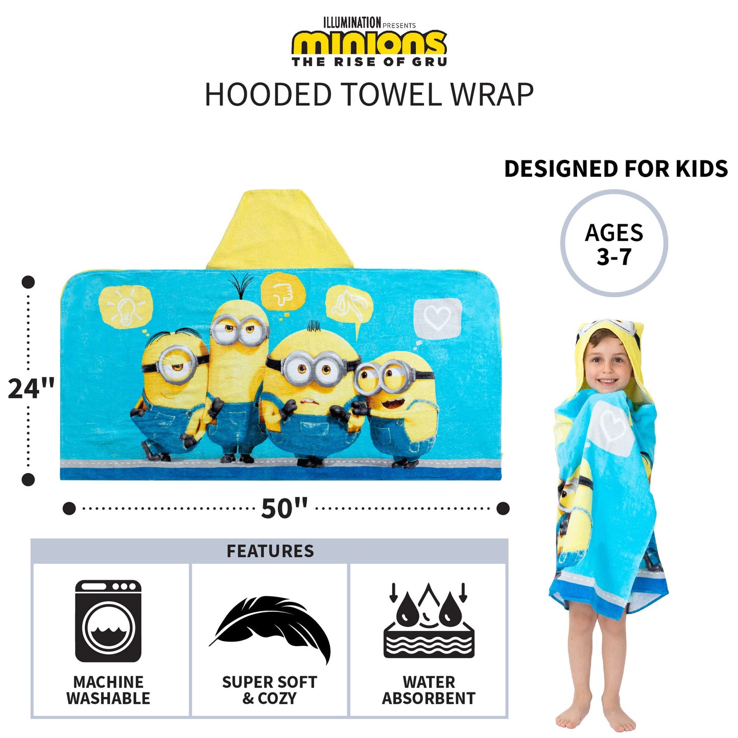 Despicable Me Minions Bath/Pool/Beach Soft Cotton Terry Hooded Towel Wrap, 24' X 50', By Franco Kids