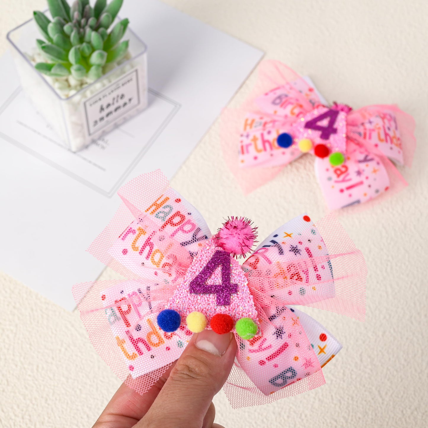 Birthday Hair Clips - 2Pc Pink Glitter Bow Hair Clips With Mesh Material And Colorful Balls For 4Th Birthday Baby Bow Party Deco