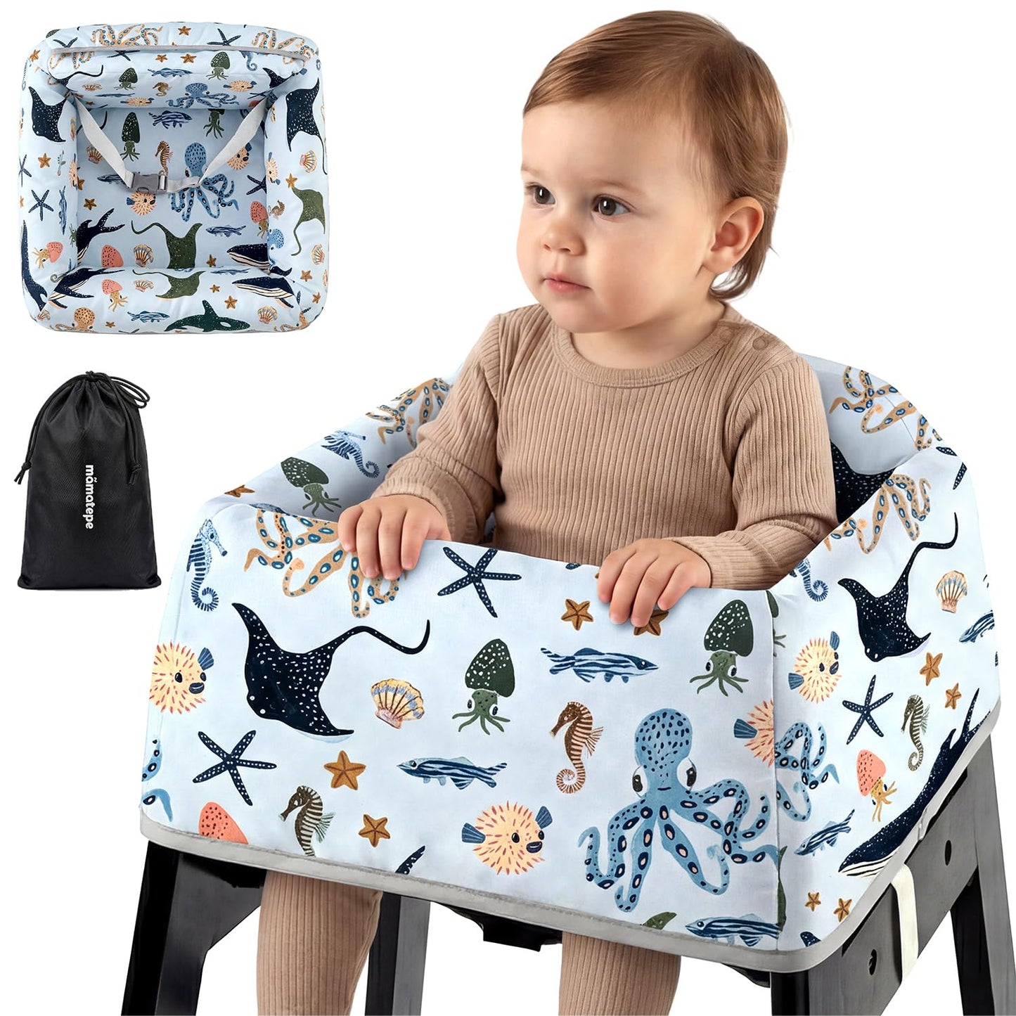 Mamatepe Baby High Chair Cover with Strap Pads & 2-Point Harness - Machine Washable, Waterproof, Portable for Restaurant/Travel/