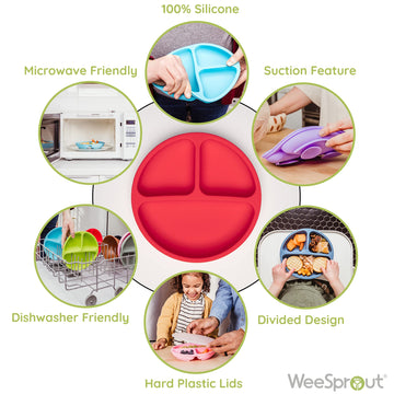 Weesprout Suction Plates With Lids For Babies & Toddlers | 100% Silicone | Plates Stay Put With Suction Feature | Divided Design