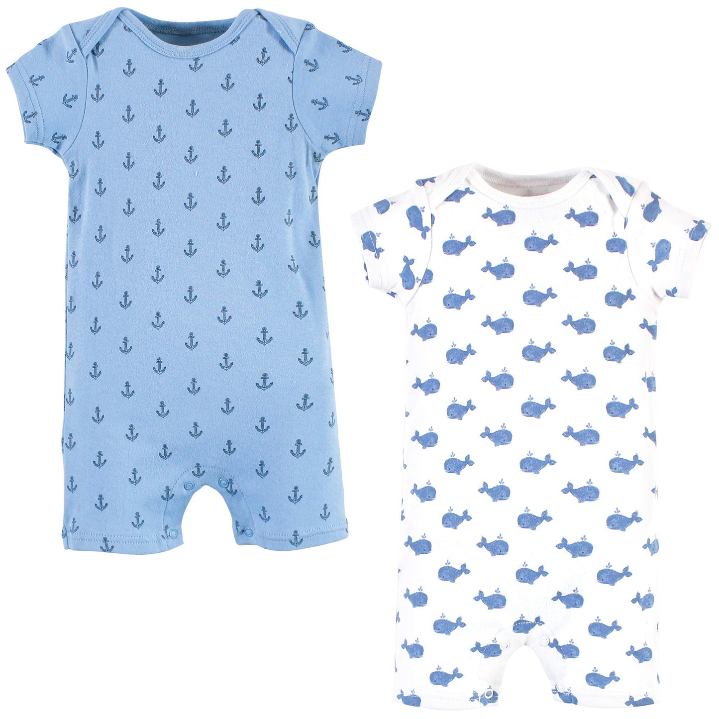 Hudson Baby Unisex Baby Cotton Rompers, Blue Whale 2-Pack, 3-6 Months