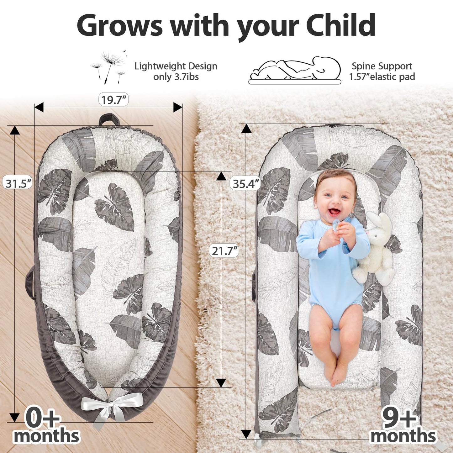 Jocute Baby Lounger, Cotton Breathable Baby Lounger Pillow Cover,Infant Lounger For Travel, Grey Protable Cosleeper, Ultra Newbo