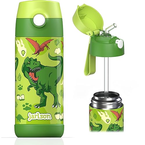 Jarlson Kids Water Bottle With Straw - Charli - Insulated Stainless Steel Water Bottle - Thermos - Girlsboys (Dinosaur Star, 12