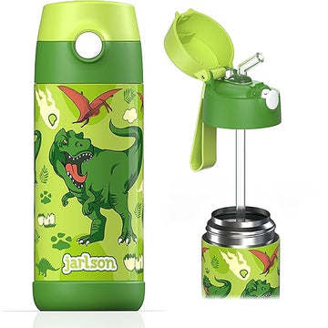 Jarlson Kids Water Bottle With Straw - Charli - Insulated Stainless Steel Water Bottle - Thermos - Girlsboys (Dinosaur Star, 12