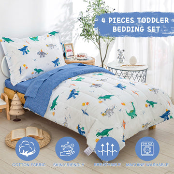 Djy Cotton Toddler Bedding Set, Blue Dinosaur Toddler Comforter Set For Boys Girls, 4 Pieces Soft Toddler Bed Set Includes Quilt