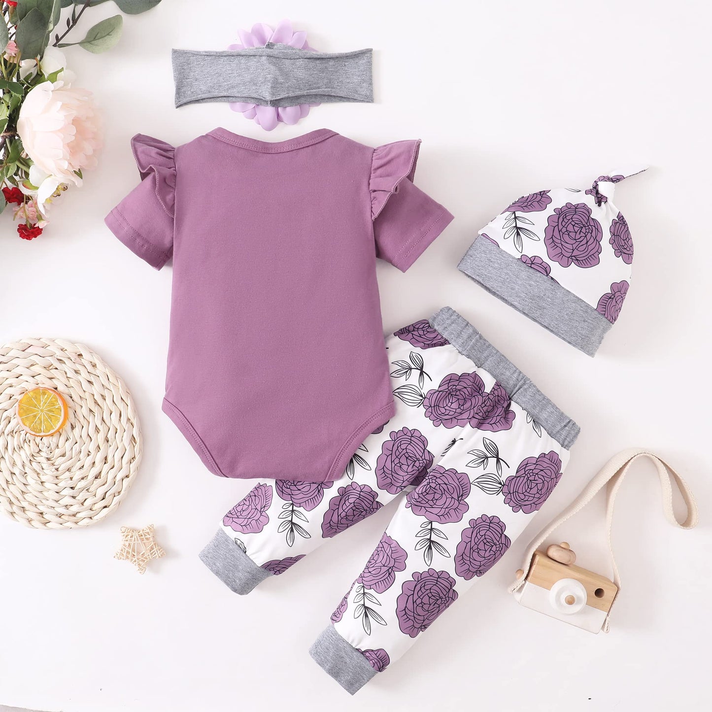 Renotemy Infant Girl Clothes Newborn Outfits Short Sleeve Romper Pants Set 0-3 Months Baby Girl Clothes Outfit Sets Purples